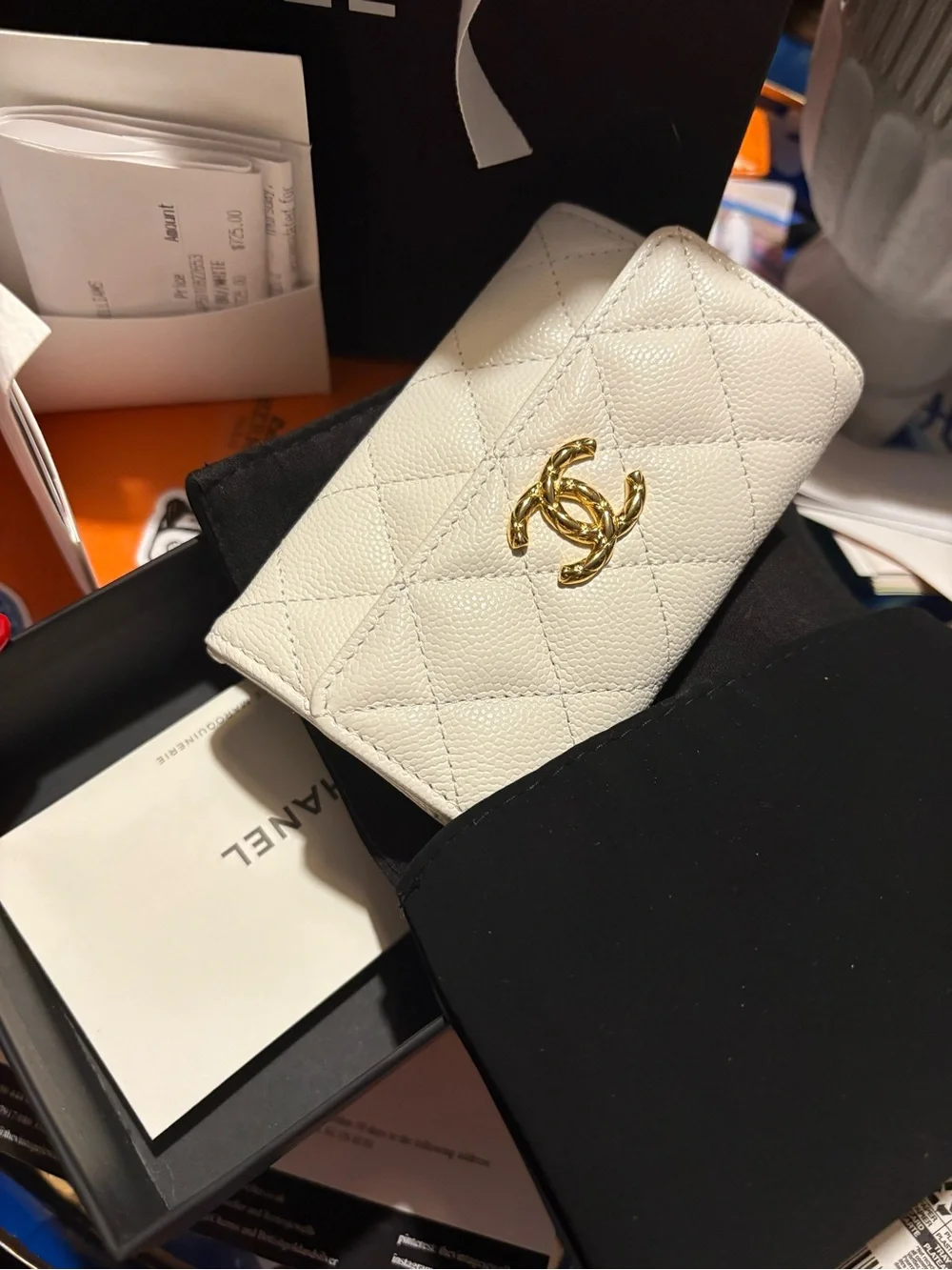 Chanel White Quilted Leather Card Holder with Gold Logo